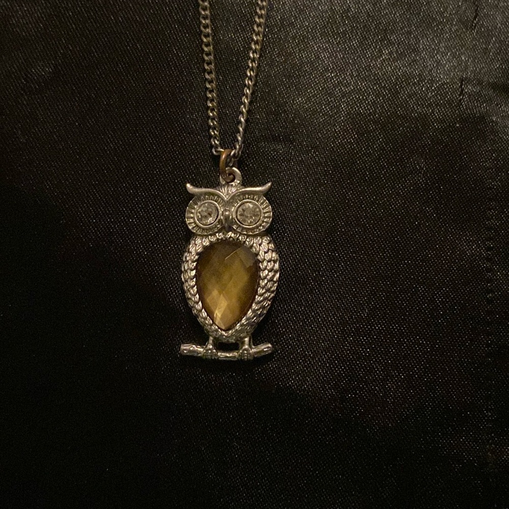 Forever 21 Owl Pendant Necklace Silver-Tone Grey Tear-Drop Stone Costume Jewelry